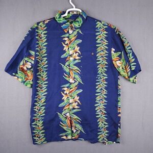 Silk Traders Hawaii Mens Silk Aloha Shirt Blue Floral Stripe SS Vintage XL